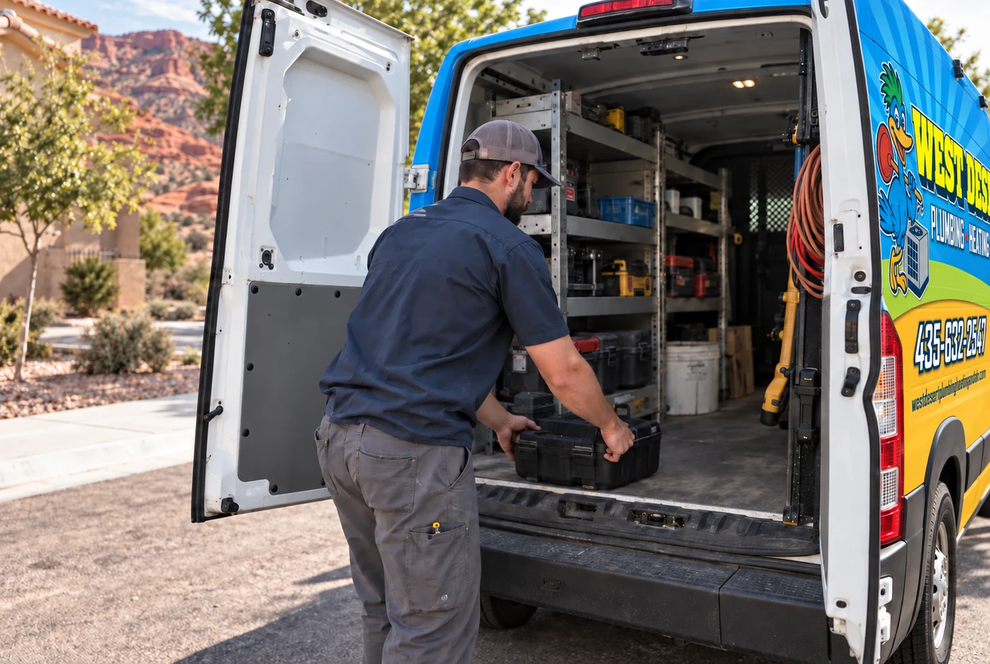 West Desert technician loading tools into a blue service van