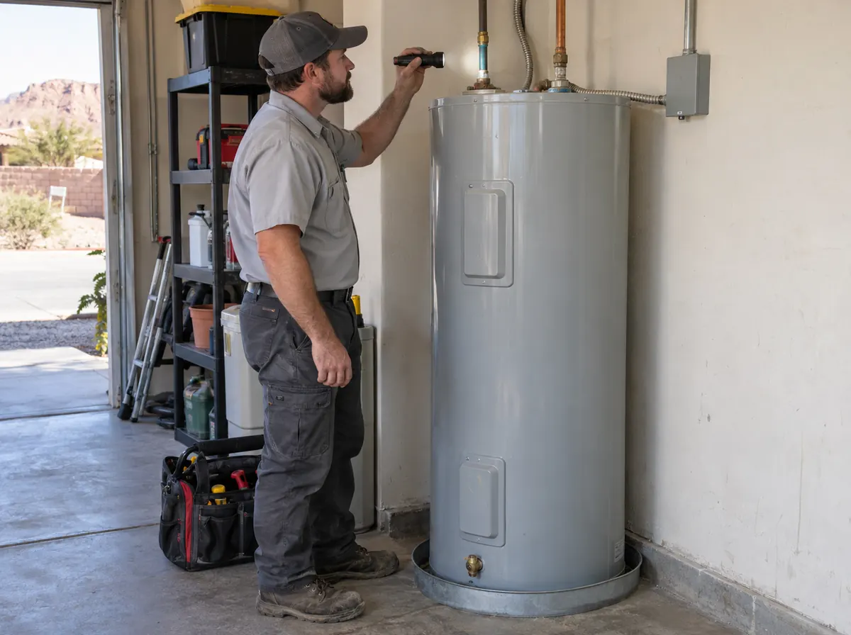 Technician inspecting the connections on a water heater