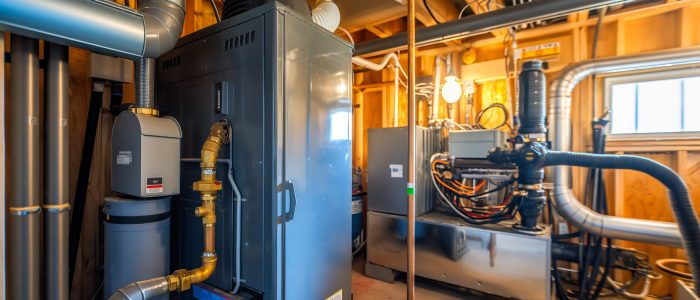 Newly installed high-efficiency furnace in a residential utility room with clearly labeled pipes and connections.